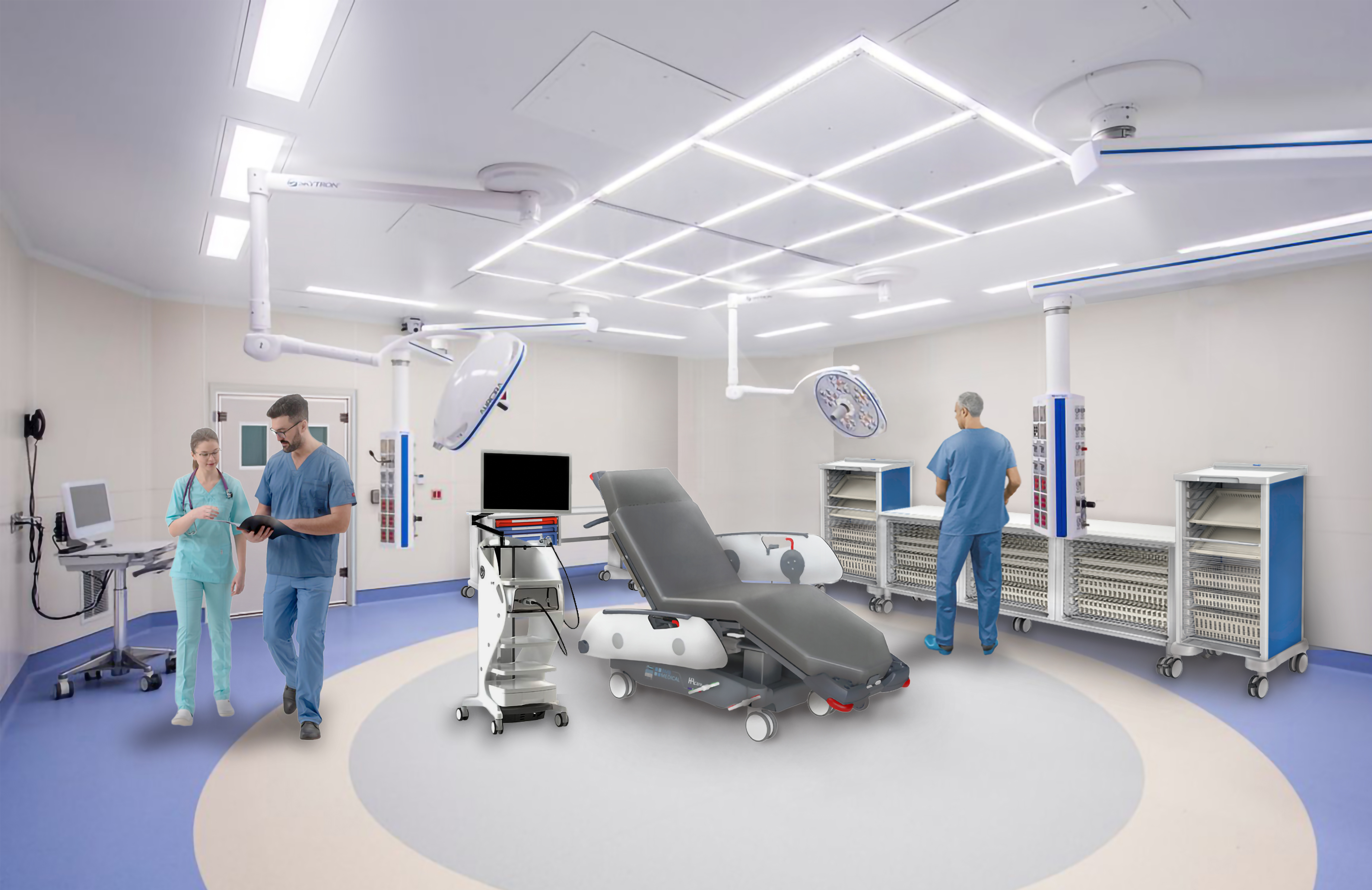 Render sala endoscopia digestiva con integrazione di arredi e apparecchiature elettromedicali
